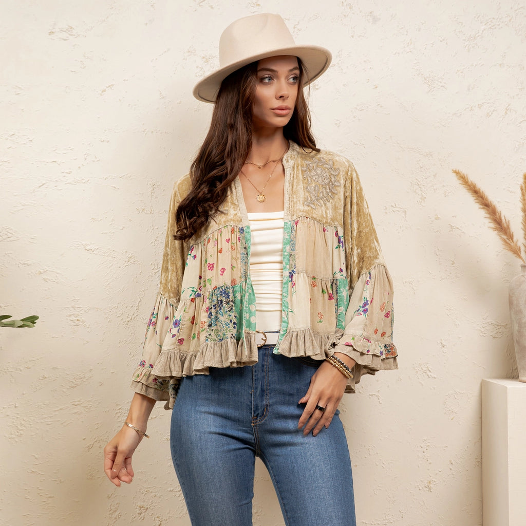 YOUNG THREAD Vintage Floral Patchwork Cropped Shrug - Ruffle Sleeve