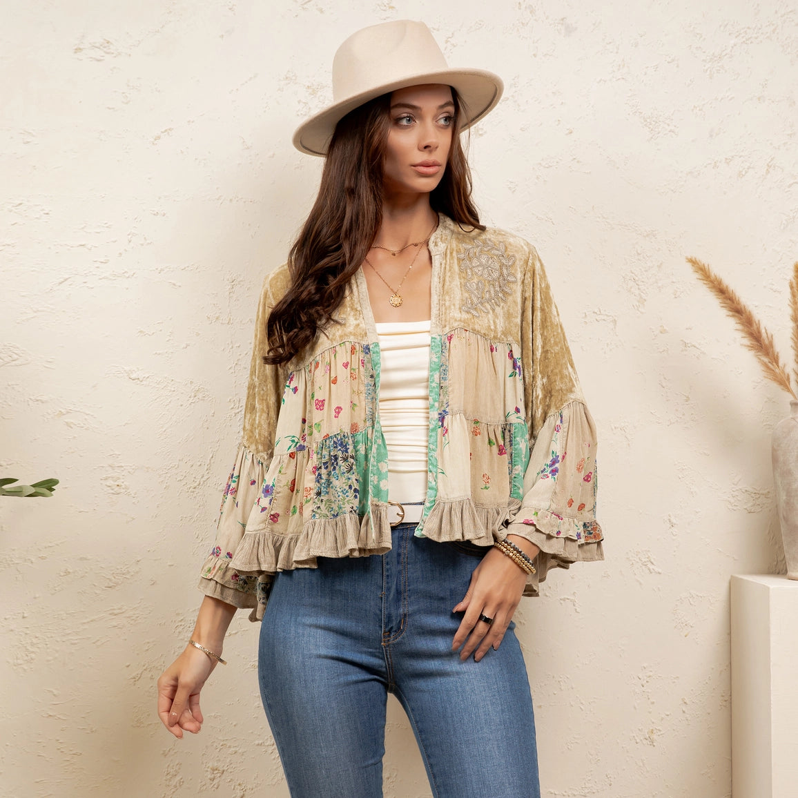 YOUNG THREAD Vintage Floral Patchwork Cropped Shrug - Ruffle Sleeve
