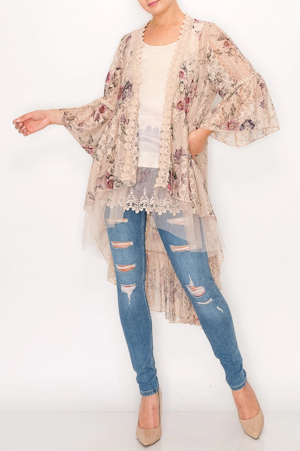 ORIGAMI APPAREL Ethereal Lace Tiered High-Low Kimono Cardigan