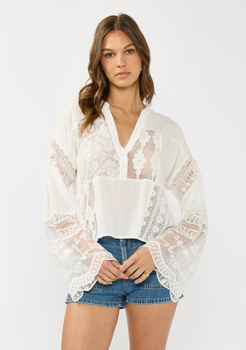 LOVE STITCH Drop Shoulder Patchwork Lace Bell Sleeve Blouse