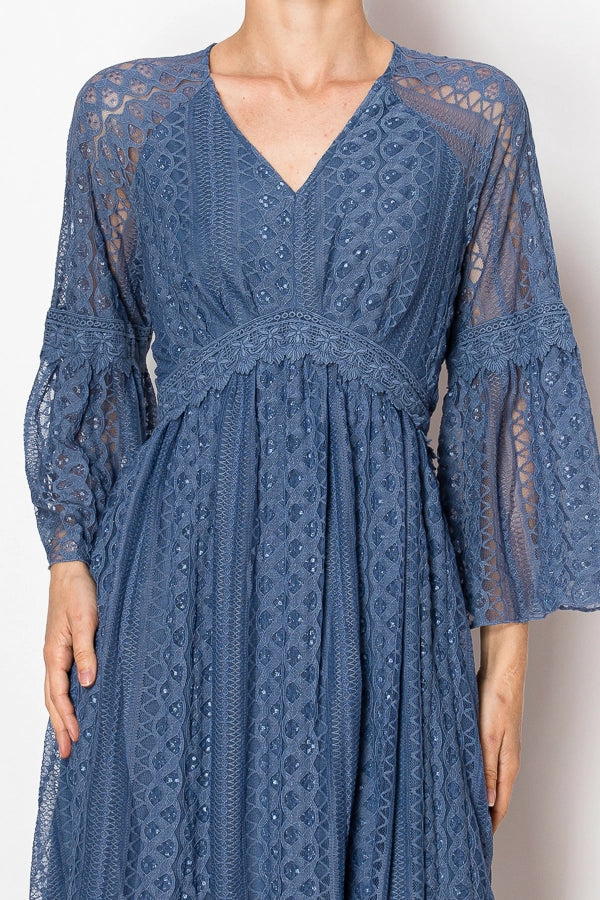 ORIGAMI APPAREL Dreamy Lined Lace Dress w/ Bell Sleeves