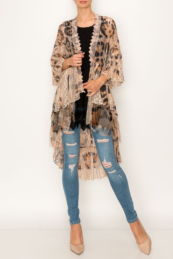 ORIGAMI APPAREL Ethereal Lace Tiered High-Low Kimono Cardigan
