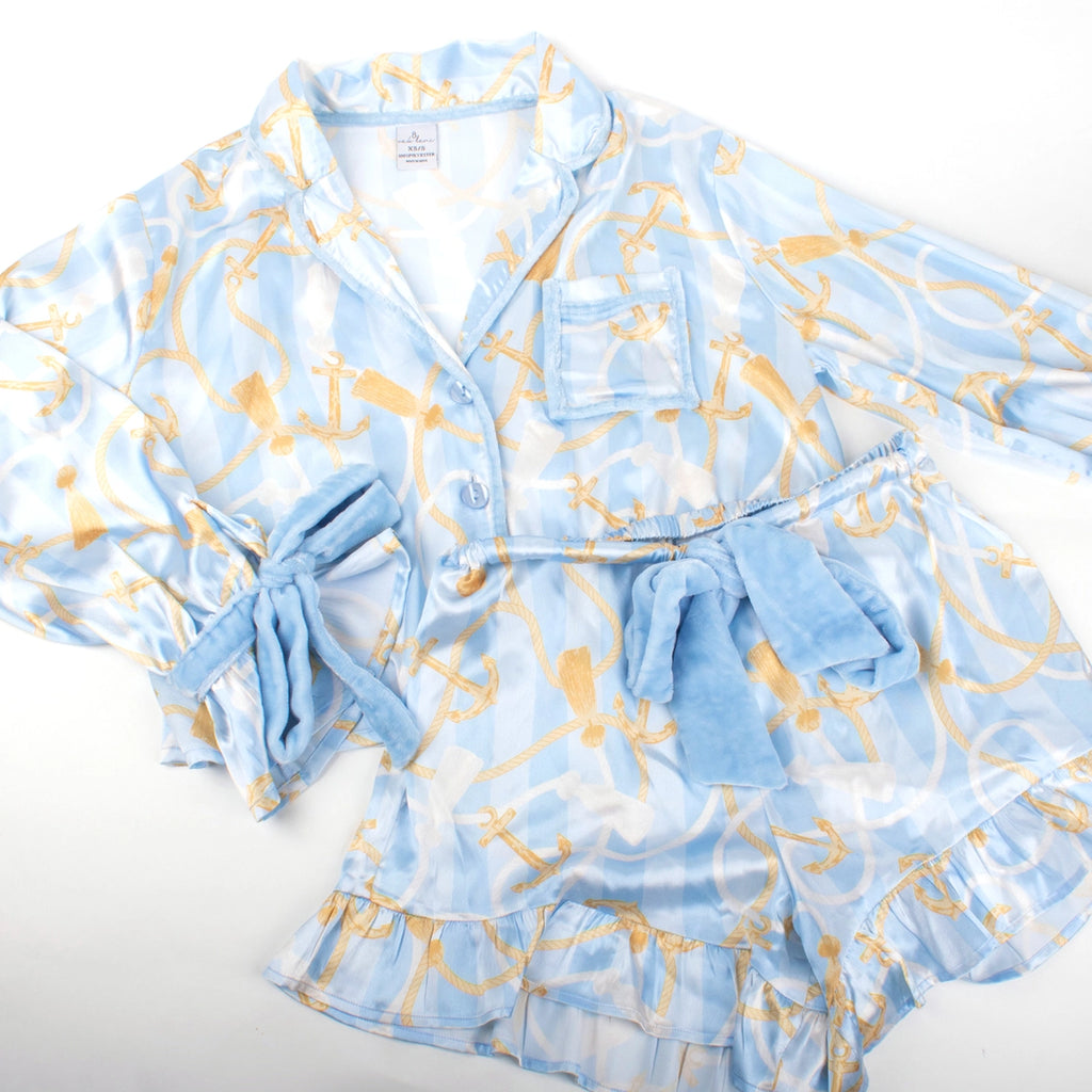 8 OAK LANE NAUTICAL STRIPE SATIN RUFFLE SHORT PJ SET