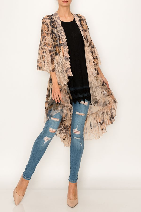 ORIGAMI APPAREL Ethereal Lace Tiered High-Low Kimono Cardigan