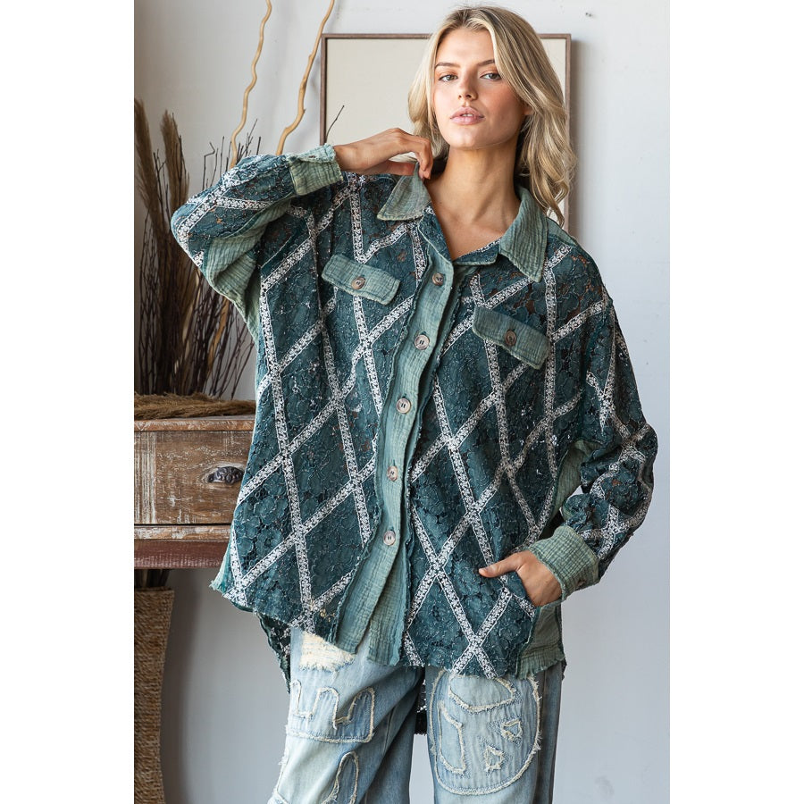 OLI & HALI Mineral Washed Button Down Lace Top
