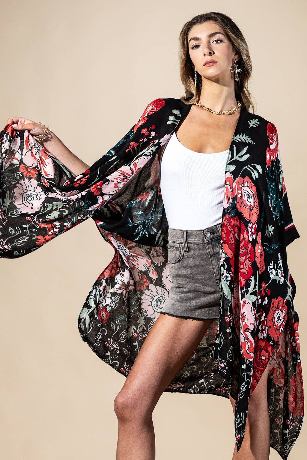 Red Flower Garden Viscose Kimono
