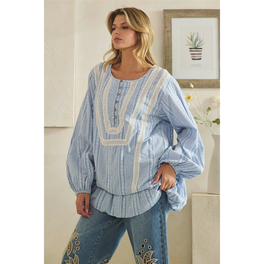 OLI & HALI Washed Gingham Ruffled Hemline Long Sleeve Blouse Top