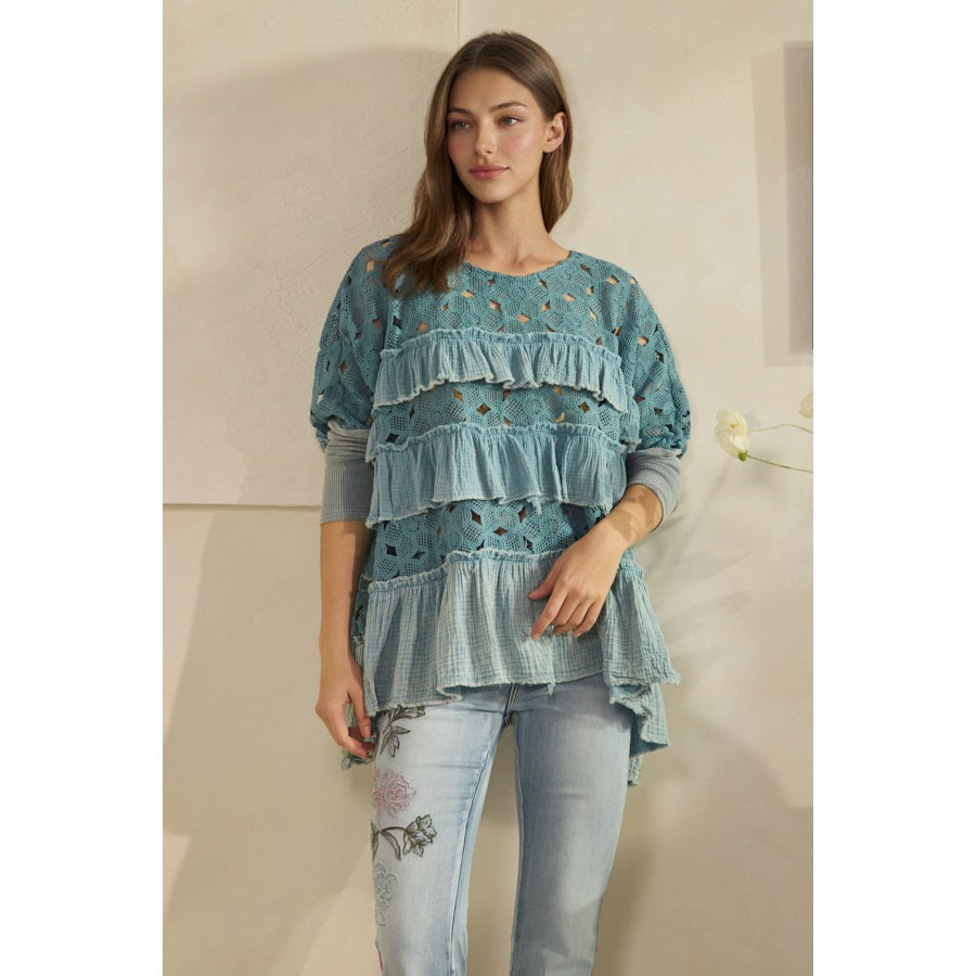 OLI & HALI Washed Eyelet Contrast with Tiered Ruffles Top