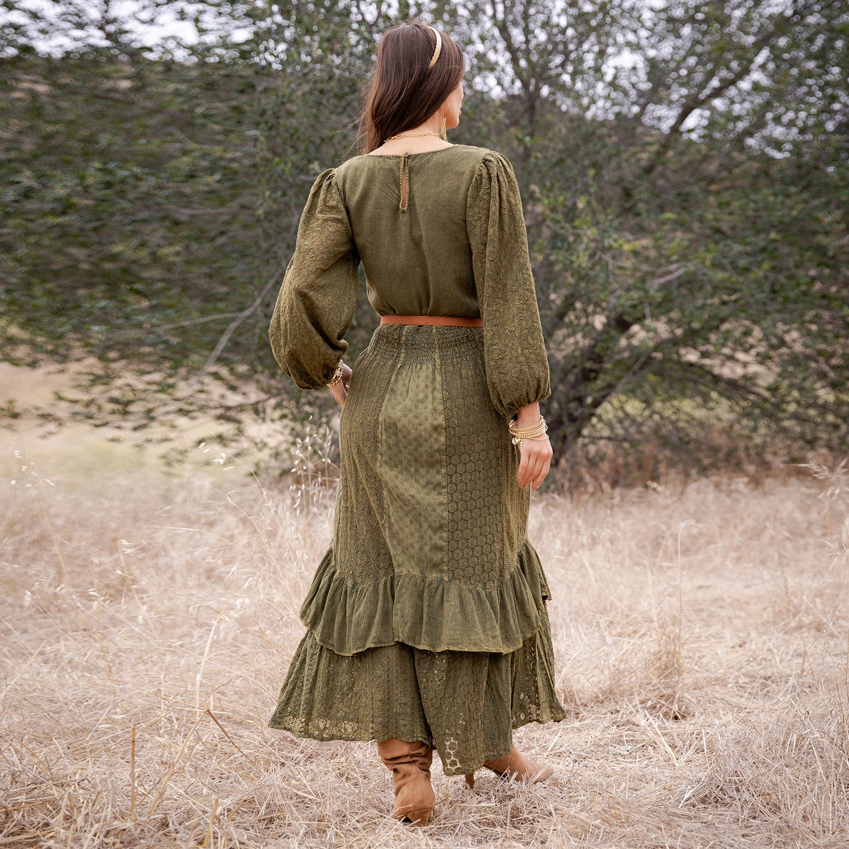 YOUNG THREAD Boho Embroidered Smocked Waist Ruffle Hem Maxi Dress