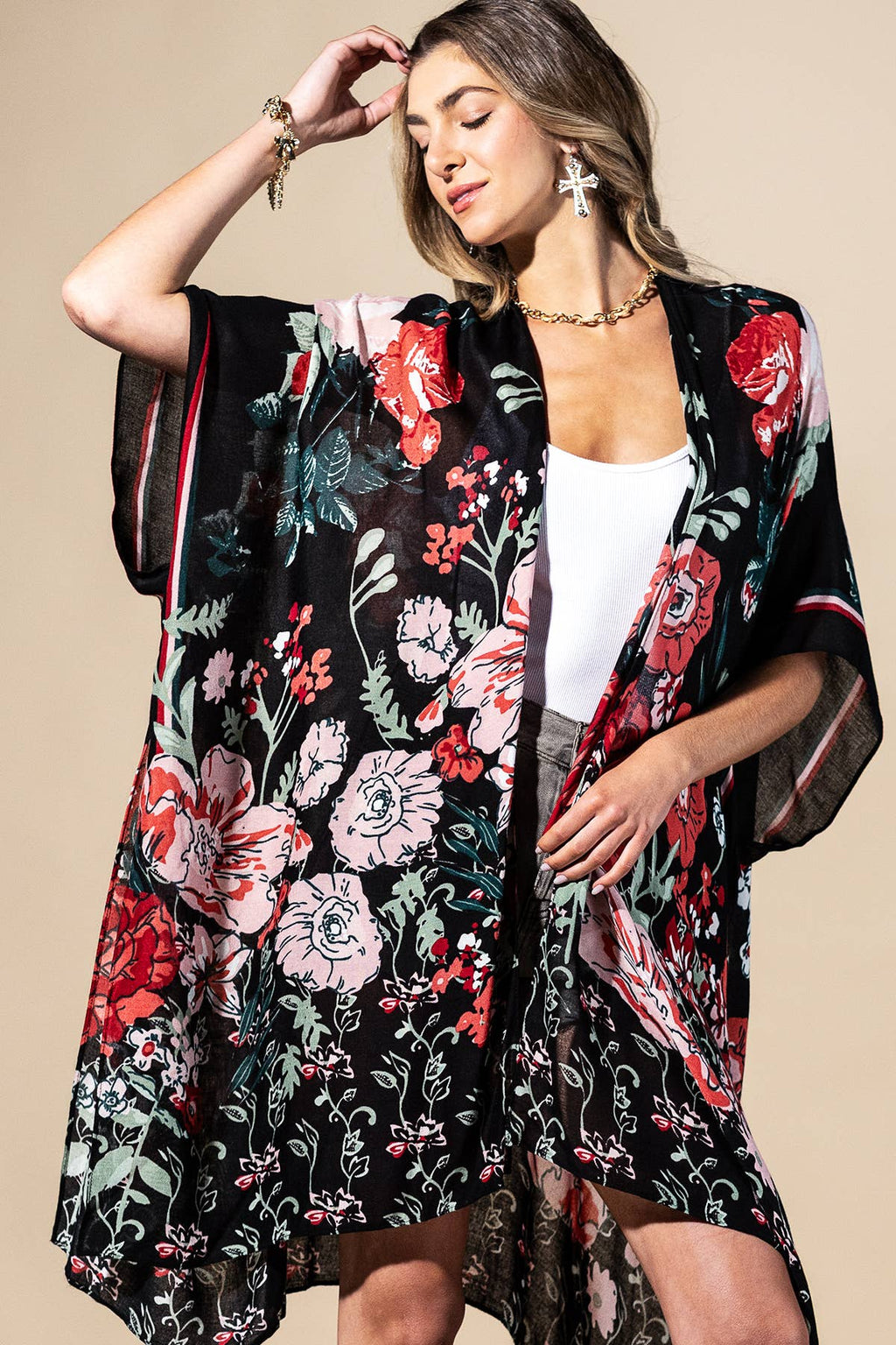 Red Flower Garden Viscose Kimono