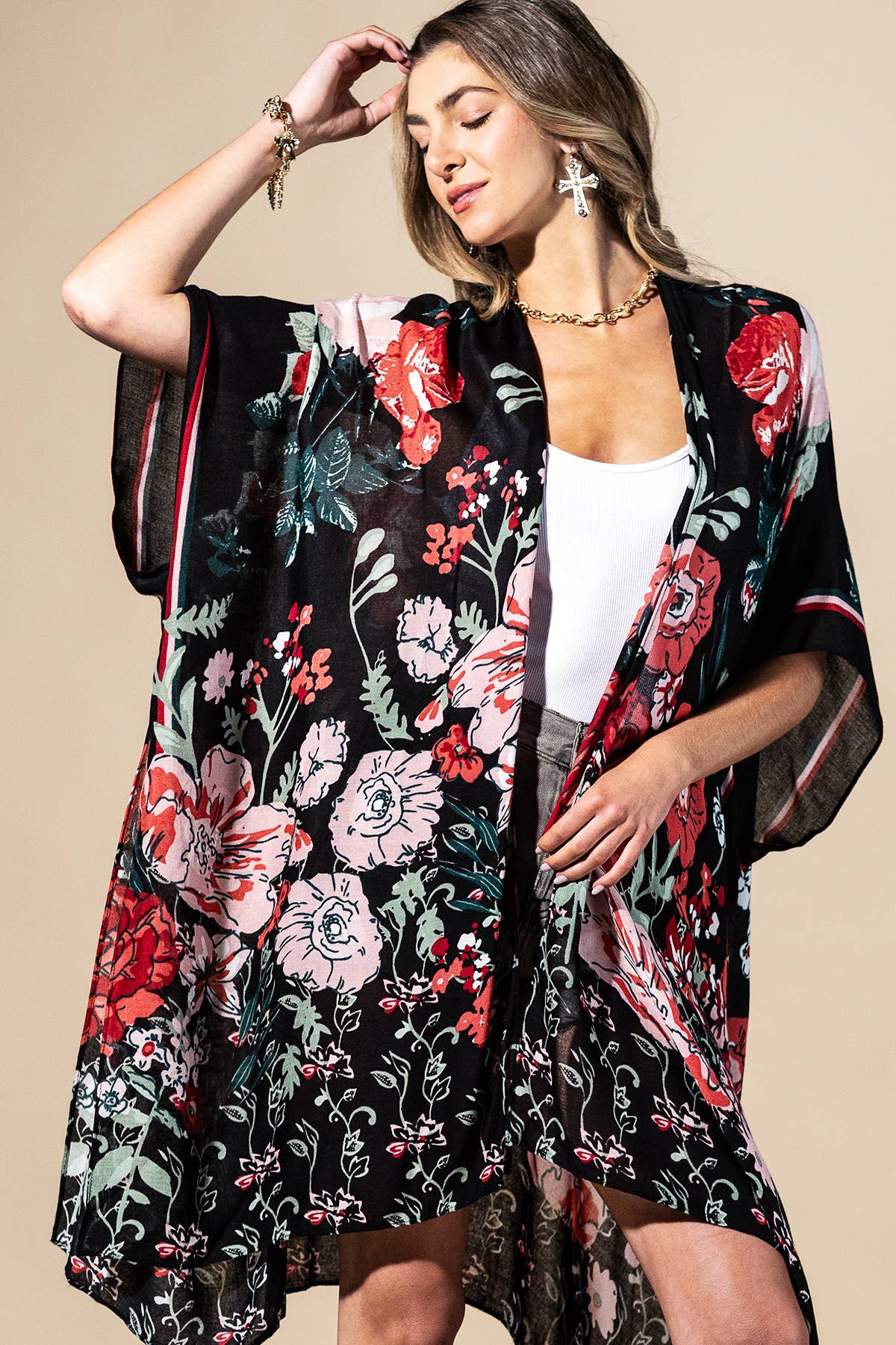Red Flower Garden Viscose Kimono