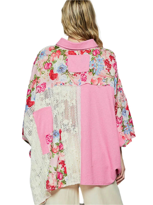 Oversize Long Sleeve Crochet Lace Contrast Top