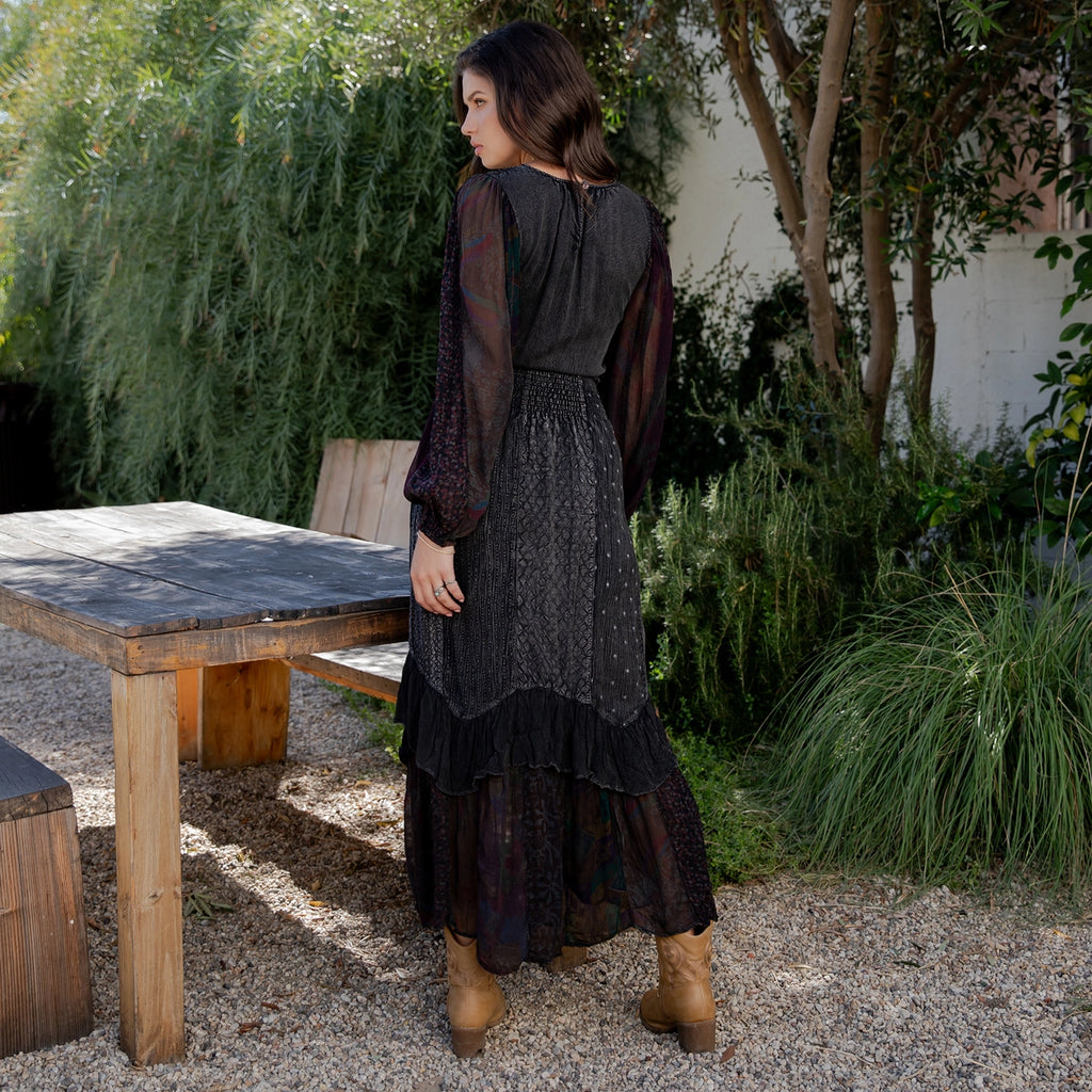 YOUNG THREAD Boho Embroidered Ruffle Maxi Smocked Dress
