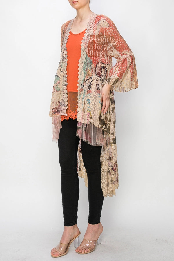 ORIGAMI & APPAREL Ethereal Lace Tiered High-Low Kimono Cardigan Taupe/Howdy