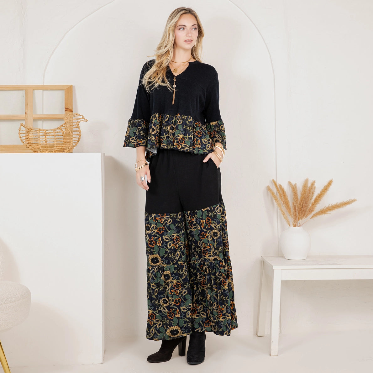 YOUNG THREAD Chic Boho Set: Sweater Jhabla & Mixed Print Drape Pants