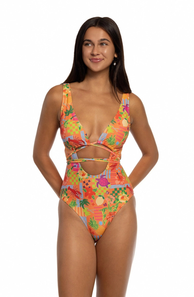BEACH JOY BIKINI ORANGE HAWAII PRINT SCOOP ONE PIECE SWIMSUIT WITH WRAP TIES