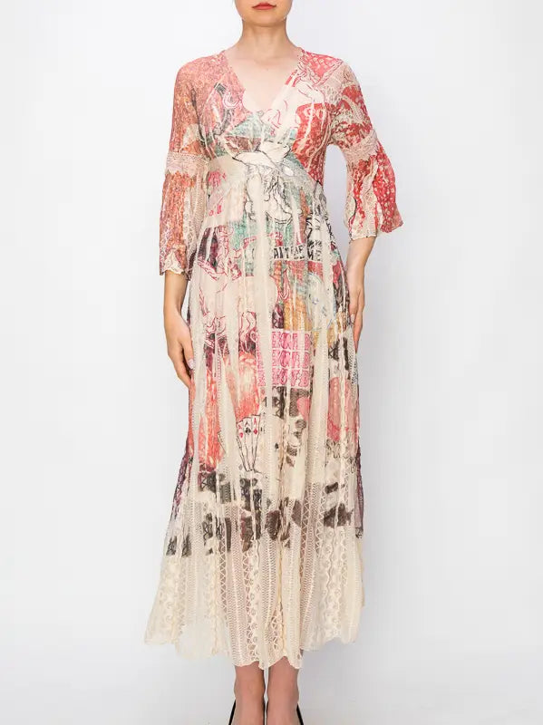 ORIGAMI APPAREL Romantic Lace Bell-Sleeved A-Line Midi Howdy Dress